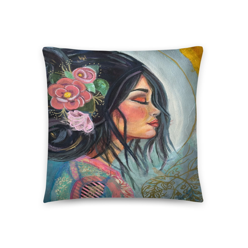 Camellia Muse — Throw Pillow (18" × 18")
